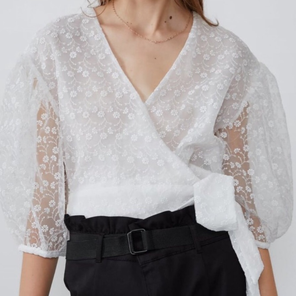 Zara Embroidered Floral Organza Top Eyelet